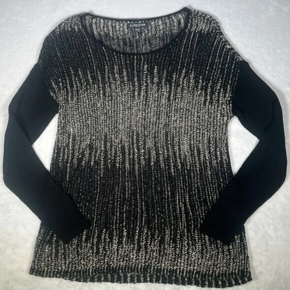 Eileen Fisher Sweater Womens PP / XS Black Tan Sheer Pullover Wool Linen Box Top